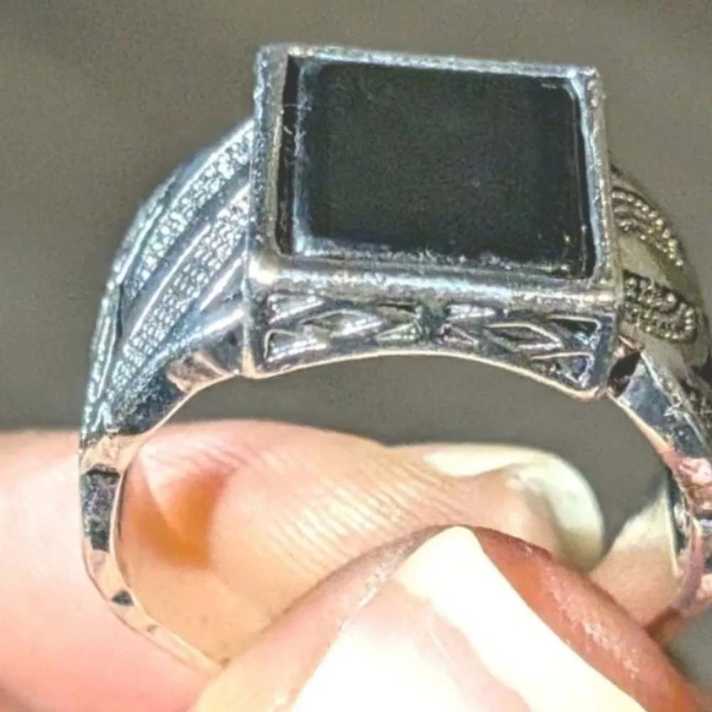 14k White gold Plated Over Sterling silver Turkish Gemstone Black Onyx Mens Ring